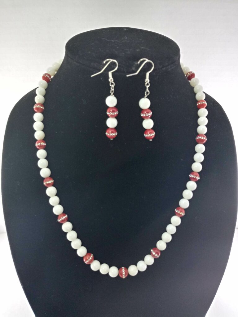 “Softly Spoken” ~ White Agate Necklace w/Red Rhinestone Embedded Coral ...